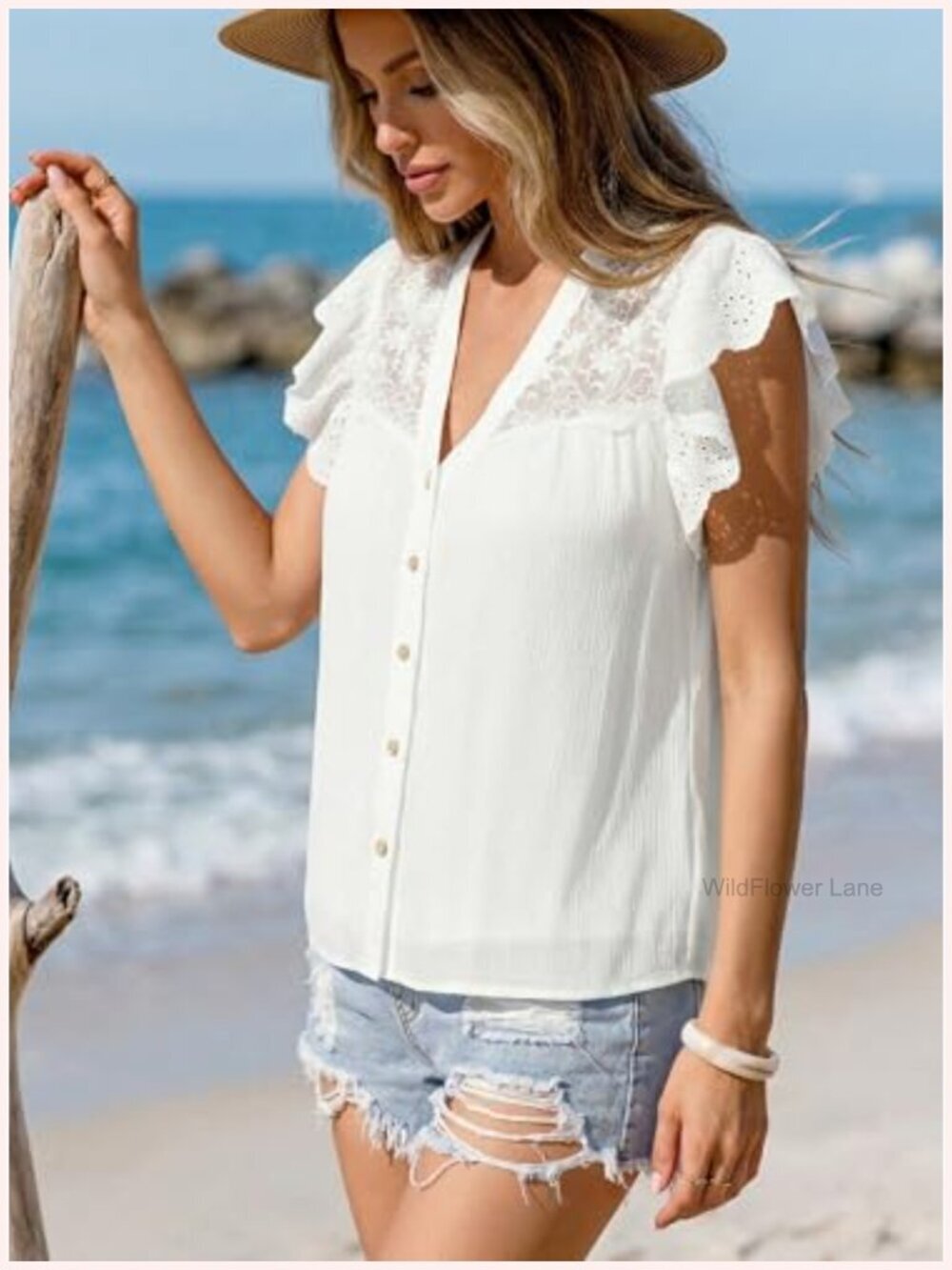 Ruffle Sleeve Lace Top V Neck Button Down Blouse Spring Summer - Picture 3 of 7